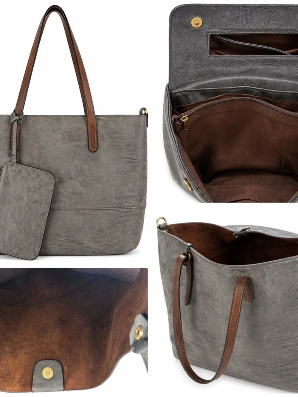 Gray Vegan Leather Tote Bag Large Shoulder Bag w/ Pouch Minimalist Everyday